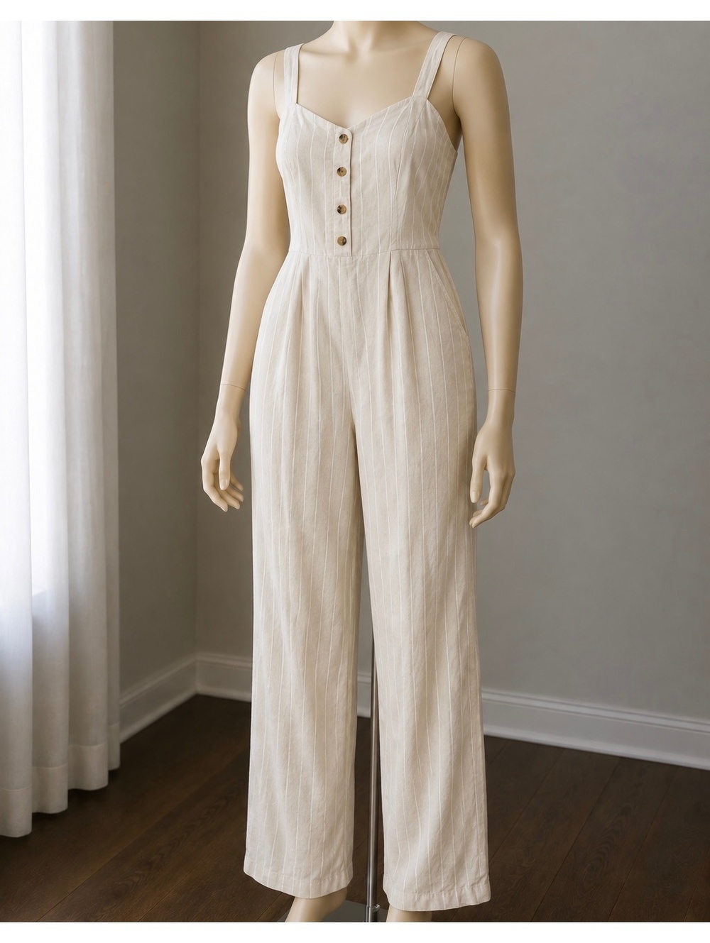 Old Navy Jumpsuit Womens XL Tall Linen Blend Neutral Stripe Wide Leg NWT